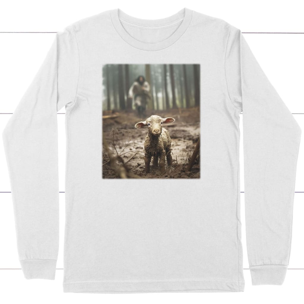 Jesus Lamb of God Running After Long Sleeve Shirt White / S