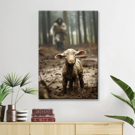 Christian wall art featuring Jesus running after a lost lamb, symbolizing His love and care, perfect faith-based home decor.