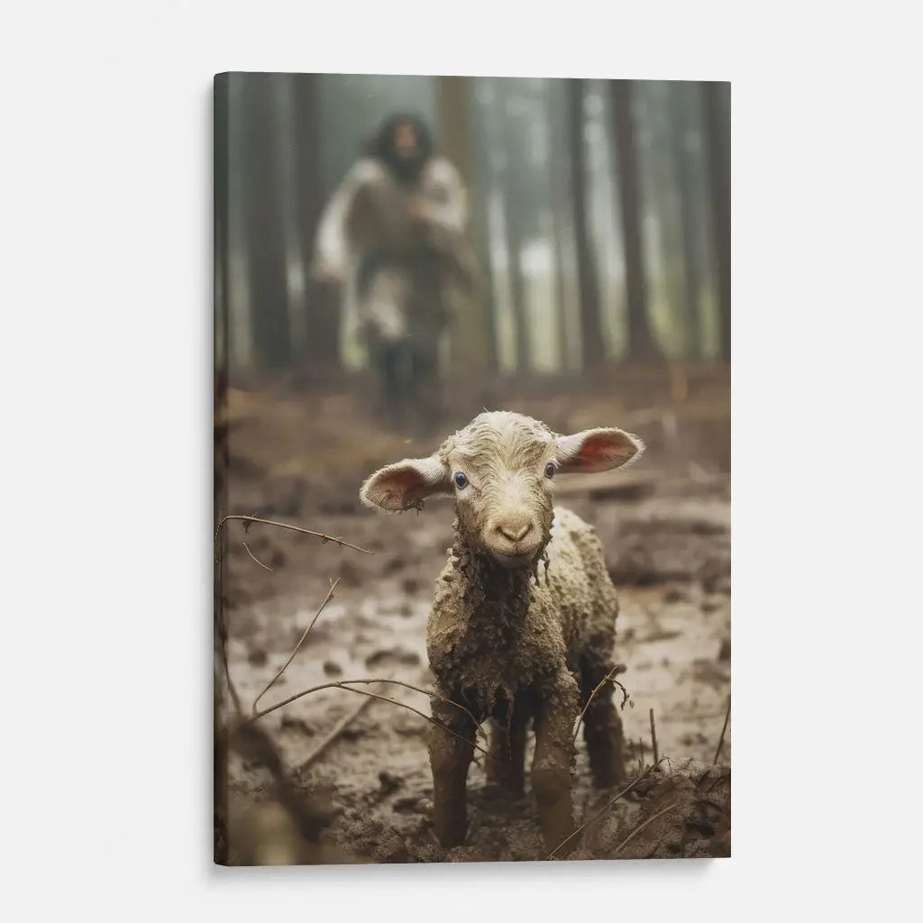 Religious wall art canvas with Jesus running towards a lost lamb, symbolizing divine rescue and love, perfect for faith-filled home decor.