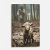Religious wall art canvas with Jesus running towards a lost lamb, symbolizing divine rescue and love, perfect for faith-filled home decor.