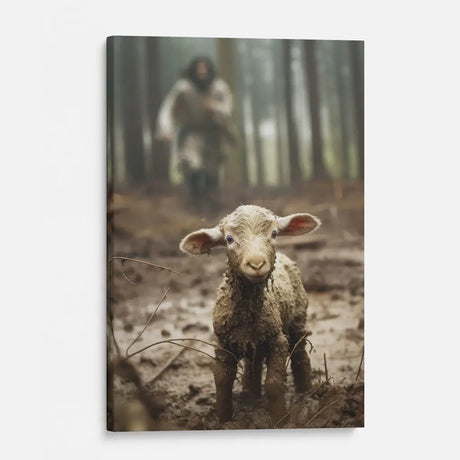 Religious wall art canvas with Jesus running towards a lost lamb, symbolizing divine rescue and love, perfect for faith-filled home decor.