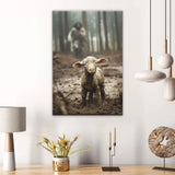 Inspirational wall art displaying Jesus as the Lamb of God running after a lost lamb, great religious decor for Christian homes.