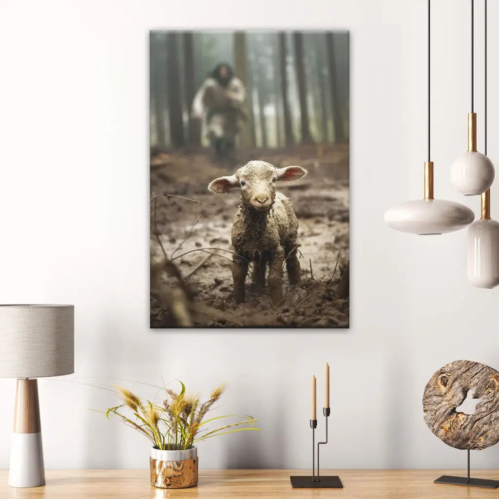 Inspirational wall art displaying Jesus as the Lamb of God running after a lost lamb, great religious decor for Christian homes.