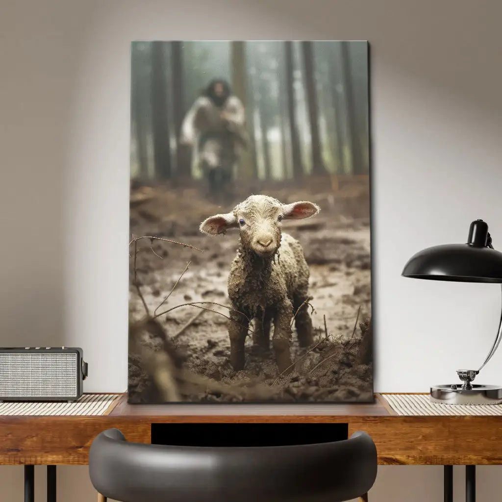 Jesus artwork with Jesus running towards a lost lamb, ideal Christian wall art for homes.