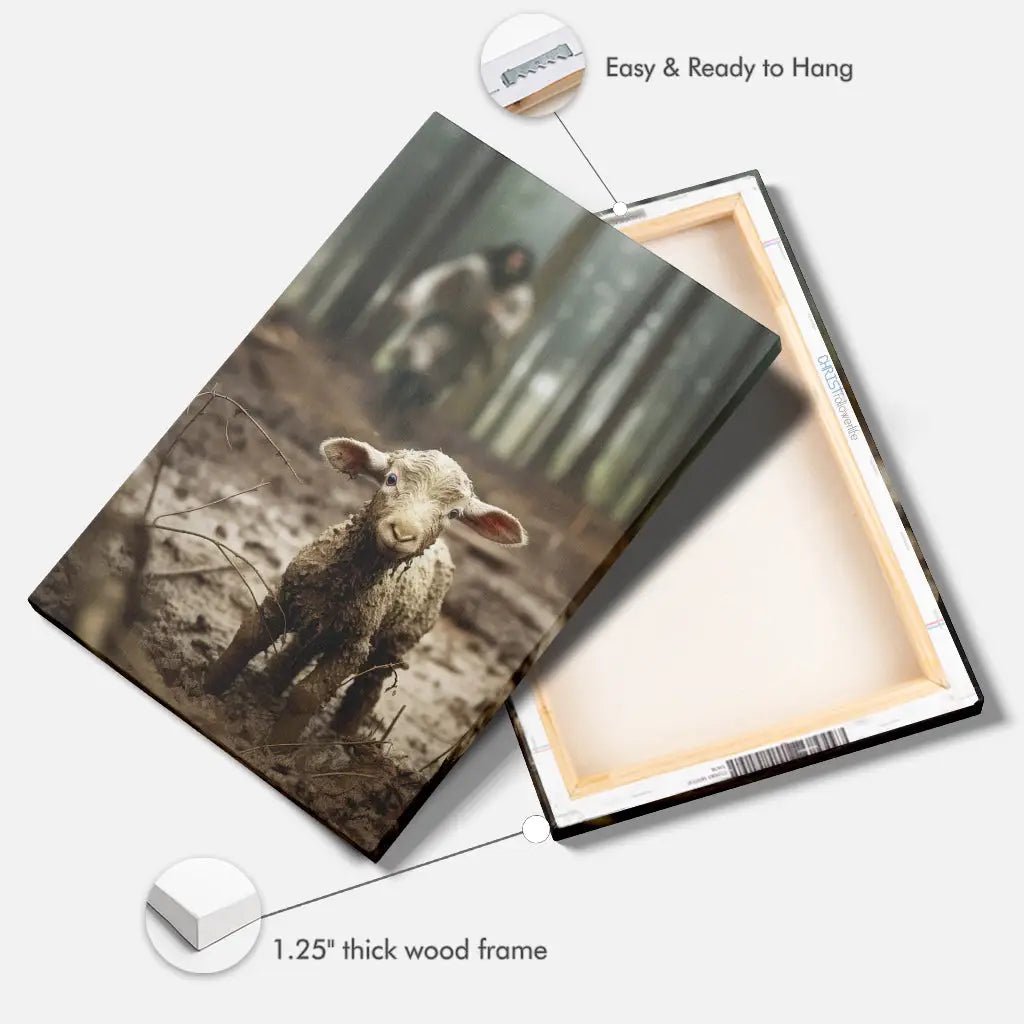 Christian canvas print featuring Jesus running after a lamb, representing His care for the lost, ideal inspirational wall art for believers.