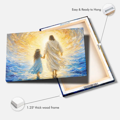 Faith based canvas print featuring Jesus holding a little girl's hand through the sea