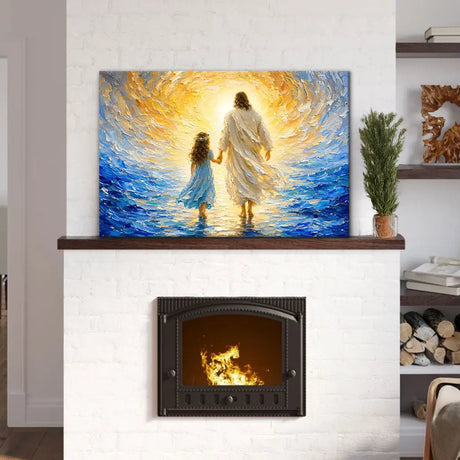 Jesus and little girl walking through the sea Christian canvas print faith inspired decor