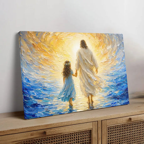 Jesus Leading A Little Girl Through The Sea – Christian Wall Art Canvas