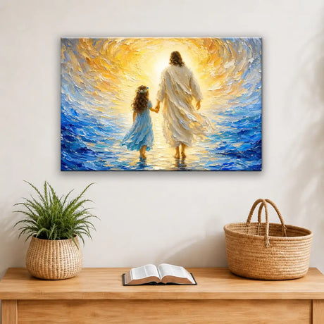 Inspirational Christian wall art of Jesus leading a child through peaceful ocean waves