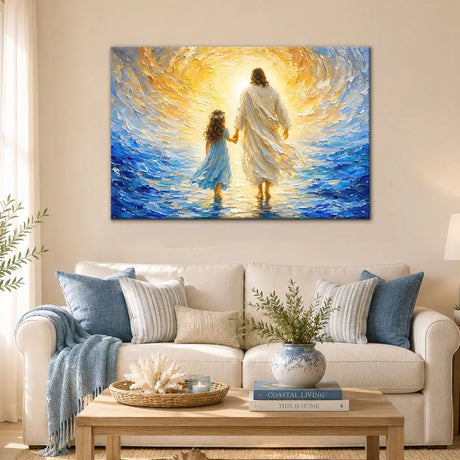 Jesus leading a little girl through the sea Christian wall art canvas with radiant light