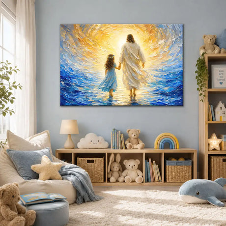 Christian wall art canvas showing Jesus guiding a little girl through parted ocean waters