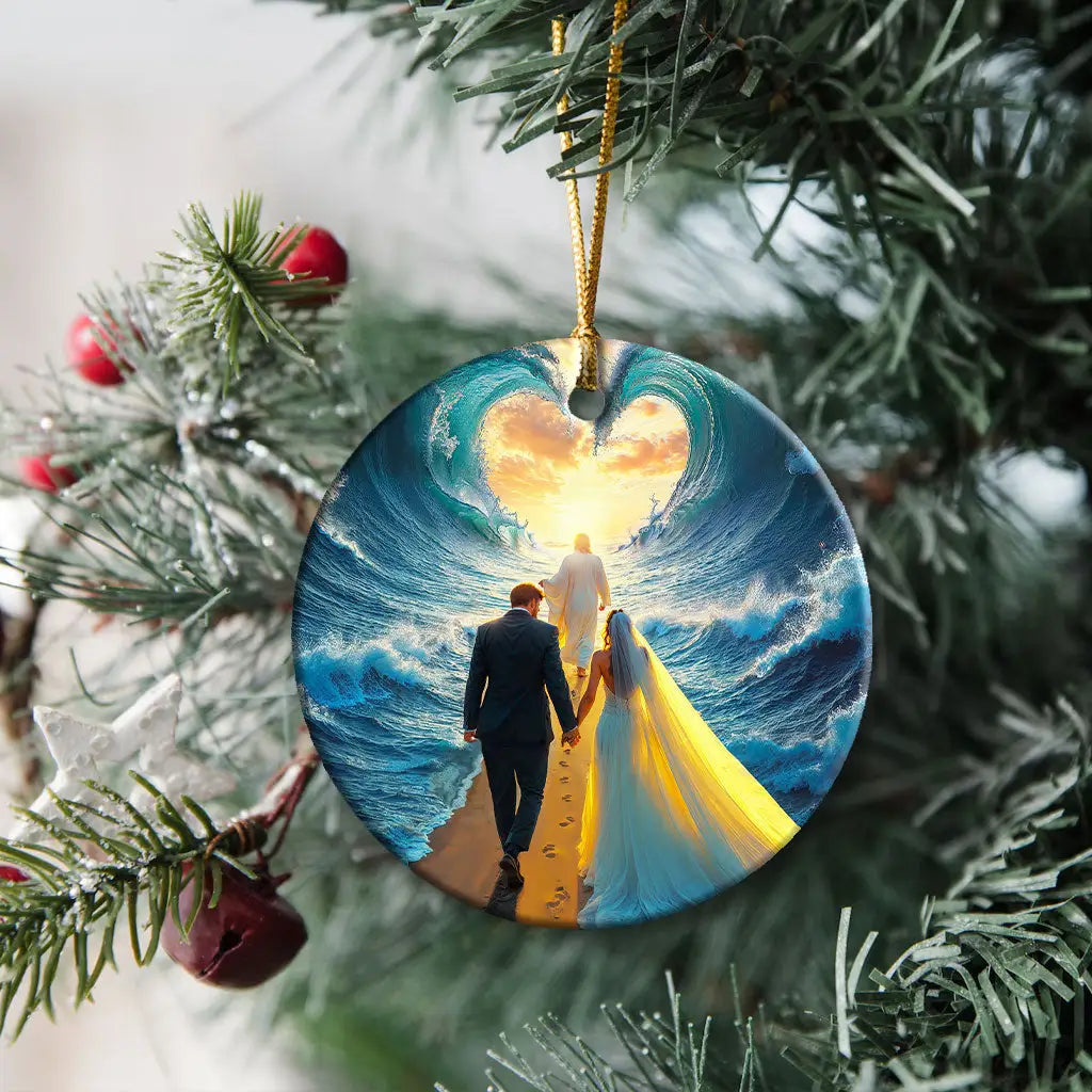 Christian Christmas ornament showing Jesus guiding a husband and wife safely through the waters.