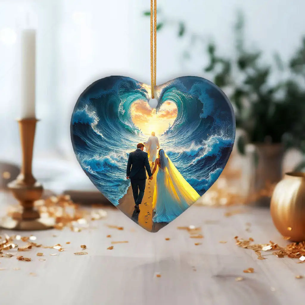 Christian wedding ornament showing Jesus leading a couple hand in hand toward peace.