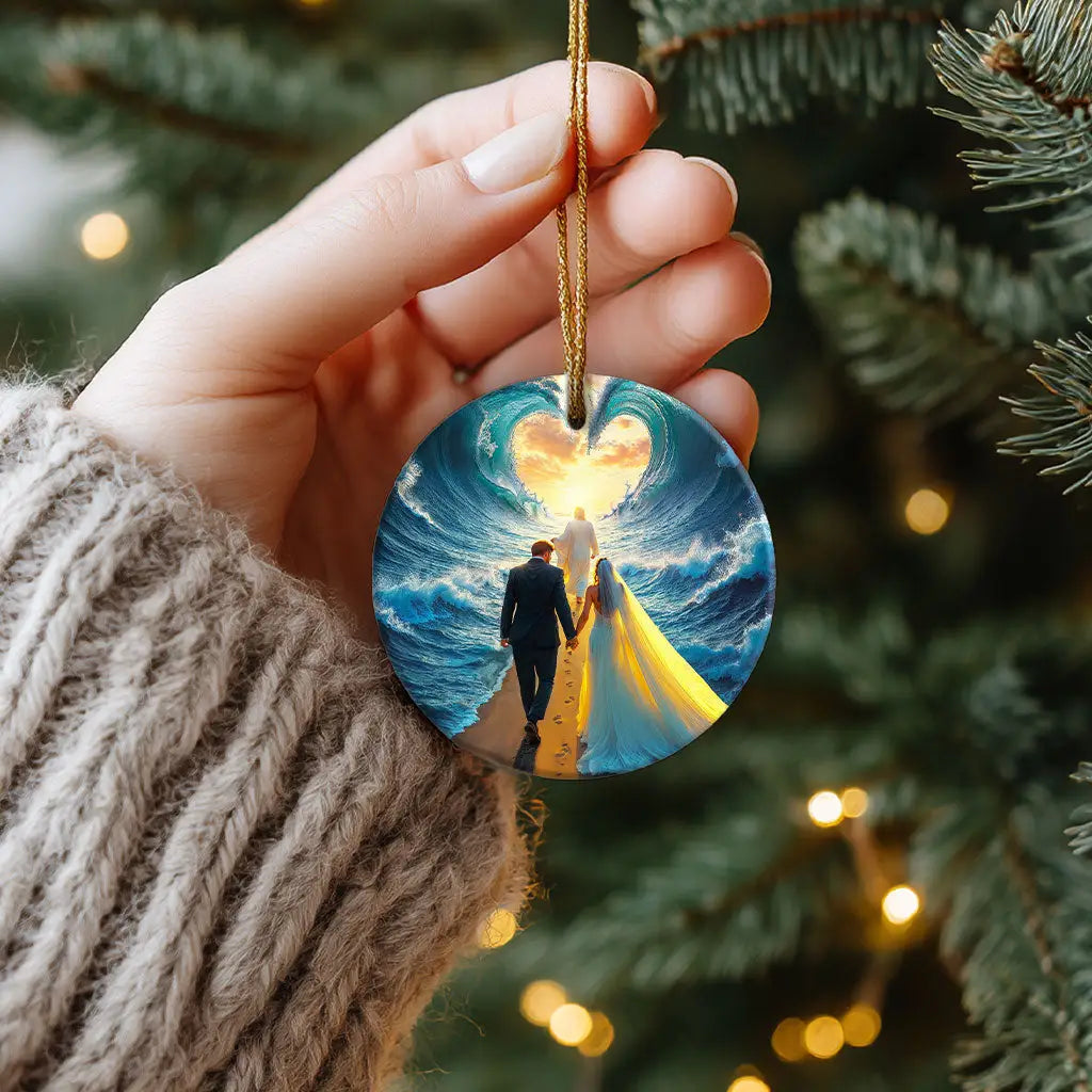 Jesus Leading a Married Couple Through Parted Sea ornament symbolizing faith, unity, and divine guidance.