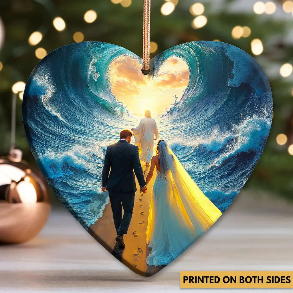 Religious Christmas ornament portraying Jesus guiding love through life’s challenges.