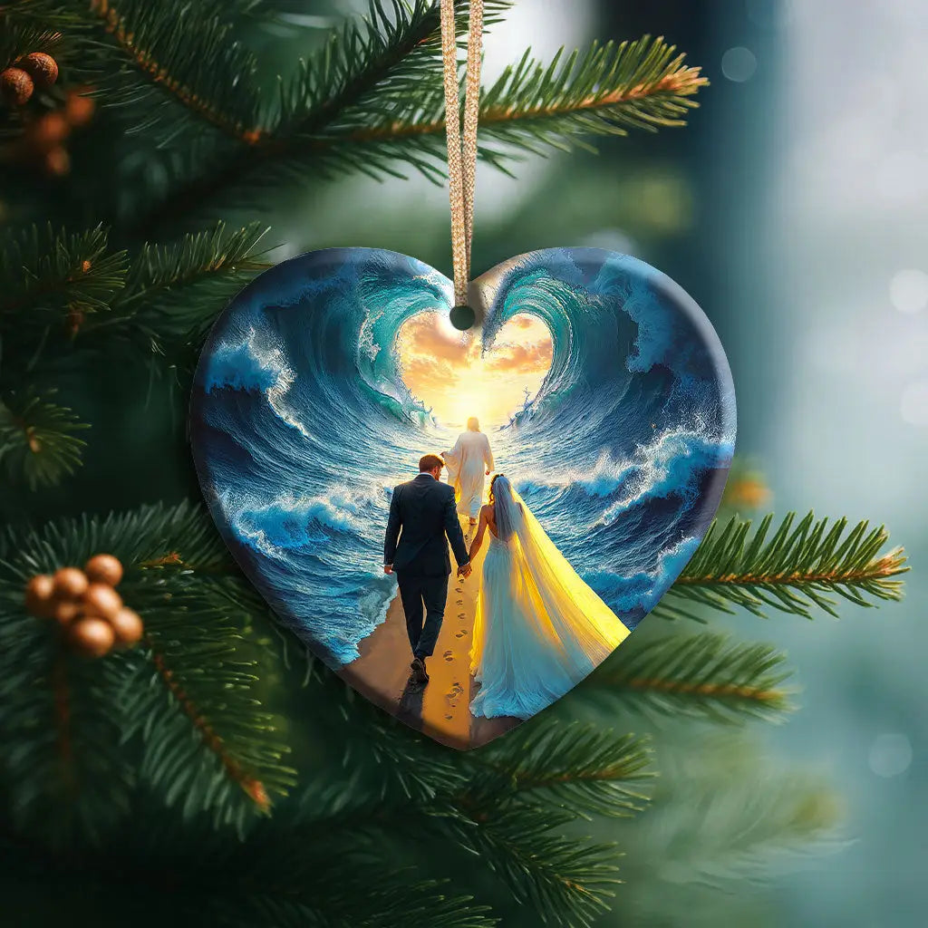 Beautiful Christian decor depicting Jesus walking with a married couple through the Red Sea. Heart / 1-pack