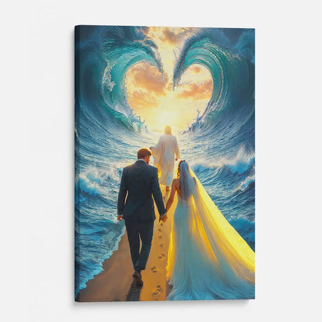Christian wall art decor featuring Jesus leading a married couple through the parted sea, ideal inspirational wall art for believers.
