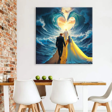 Christian artwork featuring Jesus guiding a couple through parted waters, ideal for Christian home decor and thoughtful gifts.