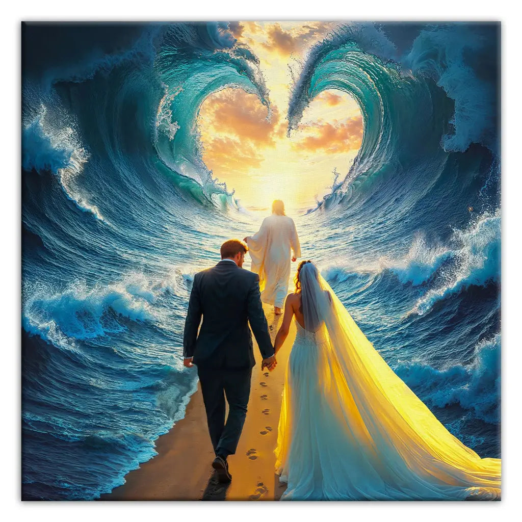 Bible-inspired wall art of Jesus leading a couple, a meaningful Christian gift for weddings, anniversaries, or special occasions.