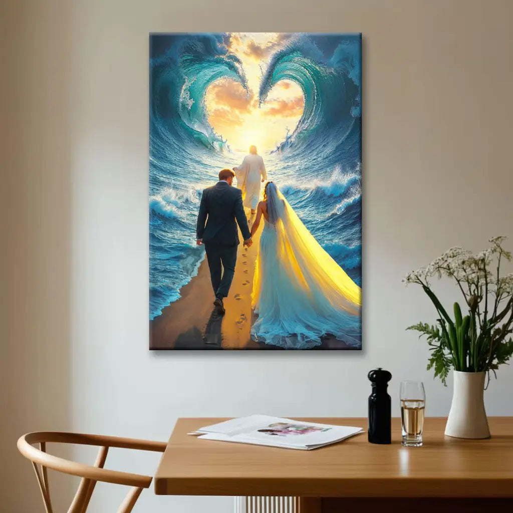 Faith-based wall art with Jesus leading a married couple through the parted sea, great religious decor for Christian homes.