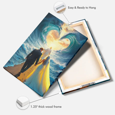 Christian wall art featuring Jesus leading a married couple through the parted sea, ideal Christian wall art for newlyweds.
