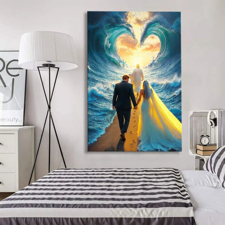 Religious canvas wall art with Jesus guiding a couple through a parted sea, perfect for faith-filled home decor