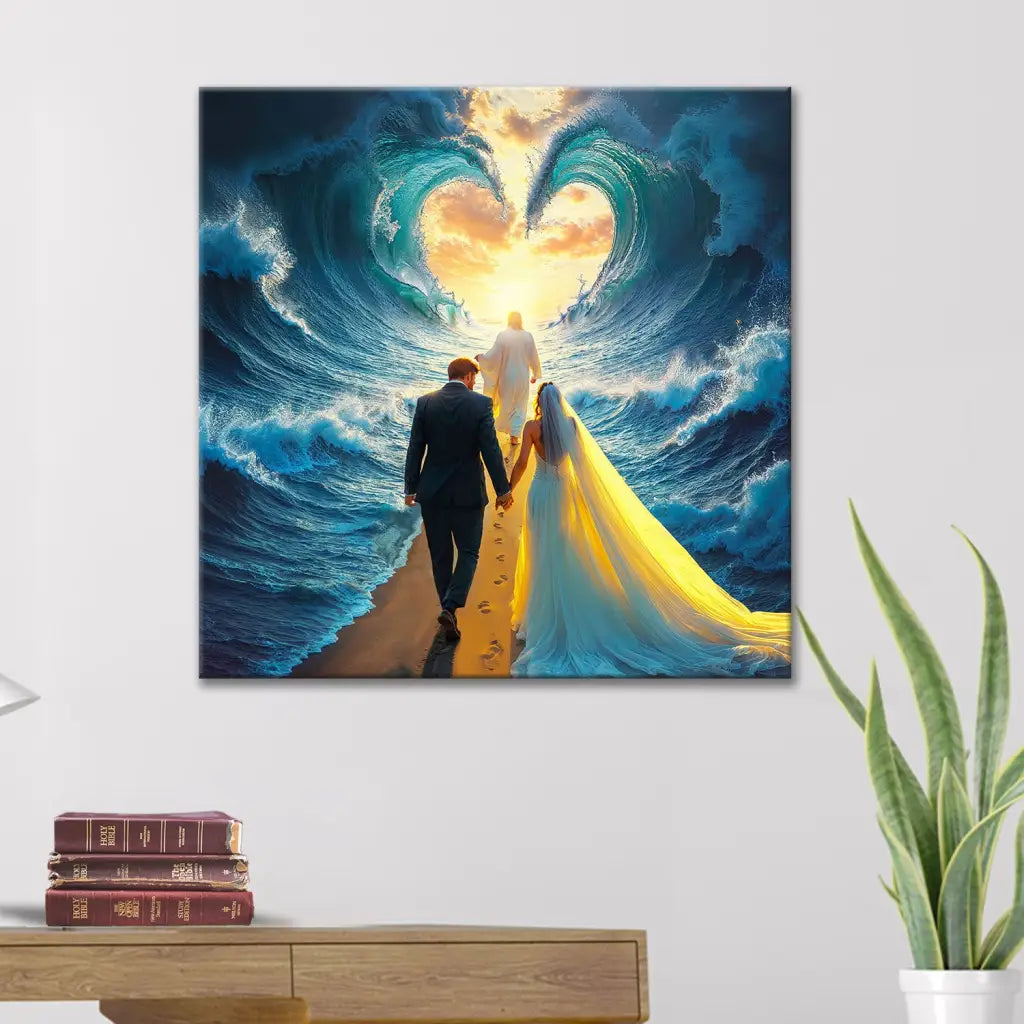 Faith-based wall decor with a parted sea scene, symbolizing Jesus’ guidance, perfect for celebrating love and faith-filled unions.