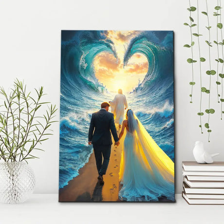 Christian wall art featuring Jesus leading a married couple through a parted sea, perfect faith-based home decor.