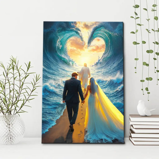 Christian wall art featuring Jesus leading a married couple through a parted sea, perfect faith-based home decor.