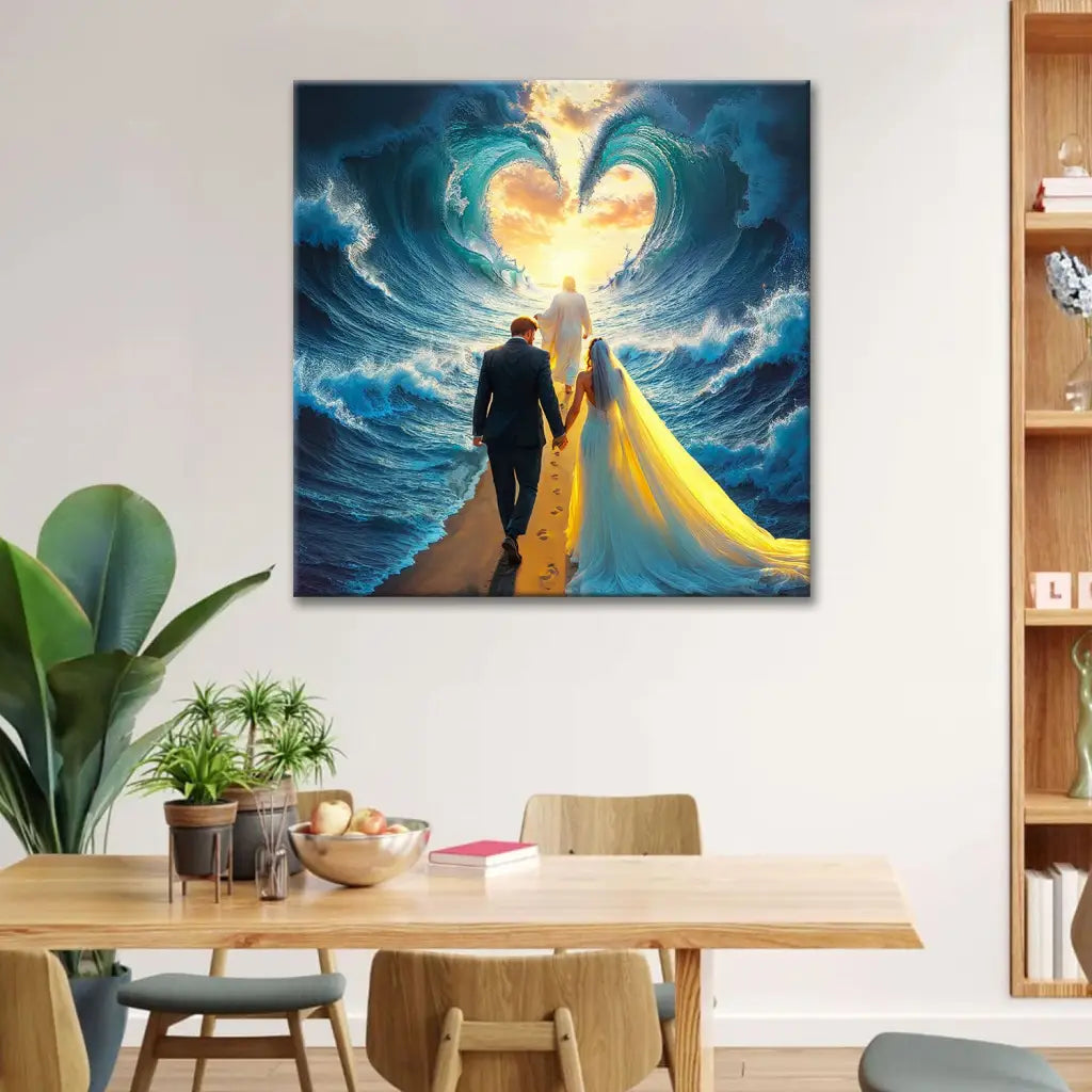 Christian art with Jesus leading a married couple through a parted sea, perfect for weddings, anniversaries, or newlywed gifts.
