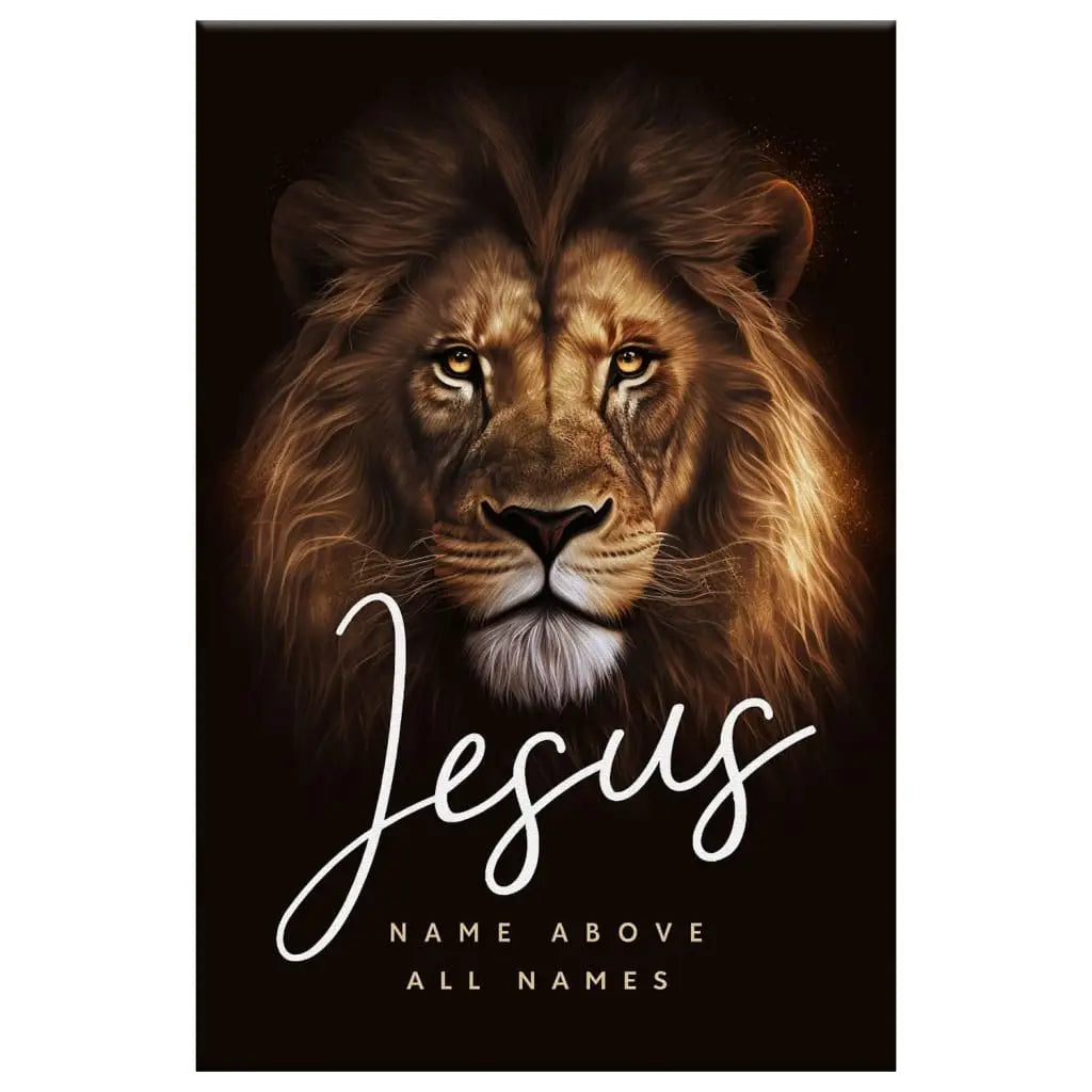 Christian artwork with "Jesus Name Above All Names" and Lion of Judah design, great religious decor for Christian homes.