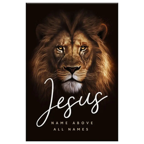Christian artwork with "Jesus Name Above All Names" and Lion of Judah design, great religious decor for Christian homes.