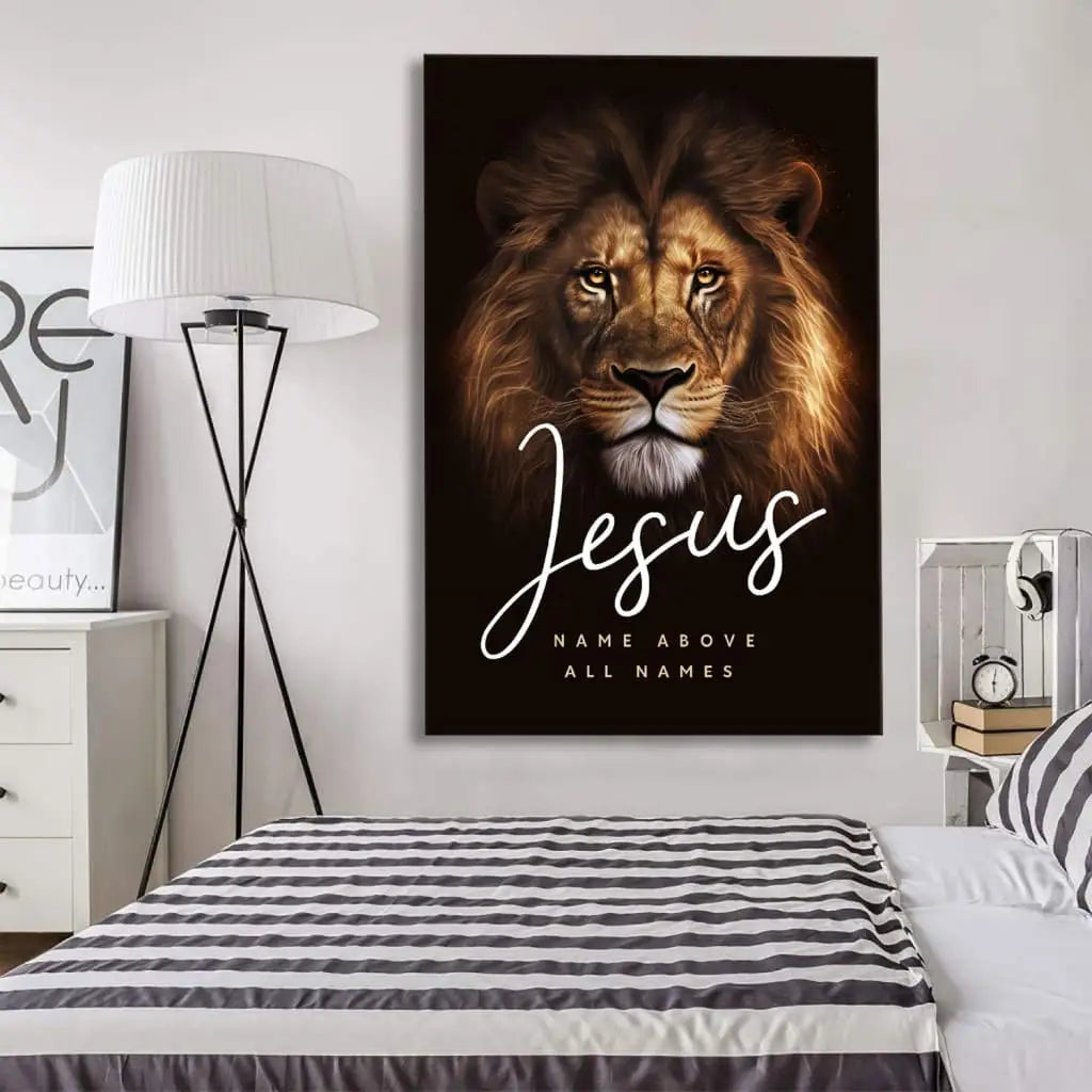Inspirational canvas print with "Jesus Name Above All Names" and Lion of Judah, ideal Christian gift for believers.