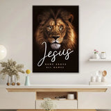 Christian wall decor with Lion of Judah and "Jesus Name Above All Names," ideal for Scripture-inspired home decoration.