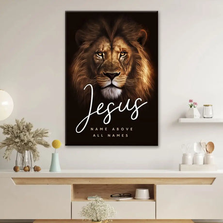 Christian wall decor with Lion of Judah and "Jesus Name Above All Names," ideal for Scripture-inspired home decoration.