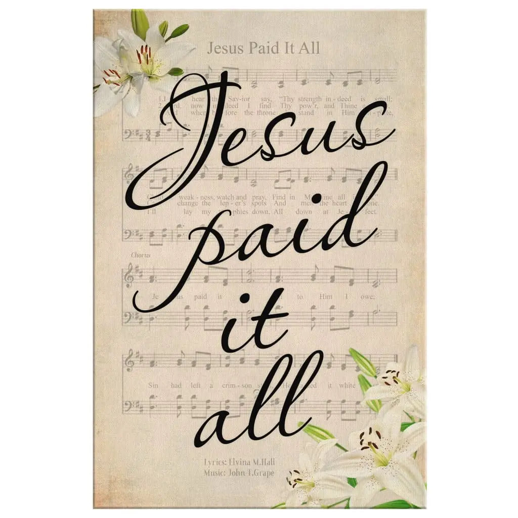 Inspirational Christian wall art canvas with "Jesus Paid It All" and sheet music, perfect for faith-filled Easter gifts.
