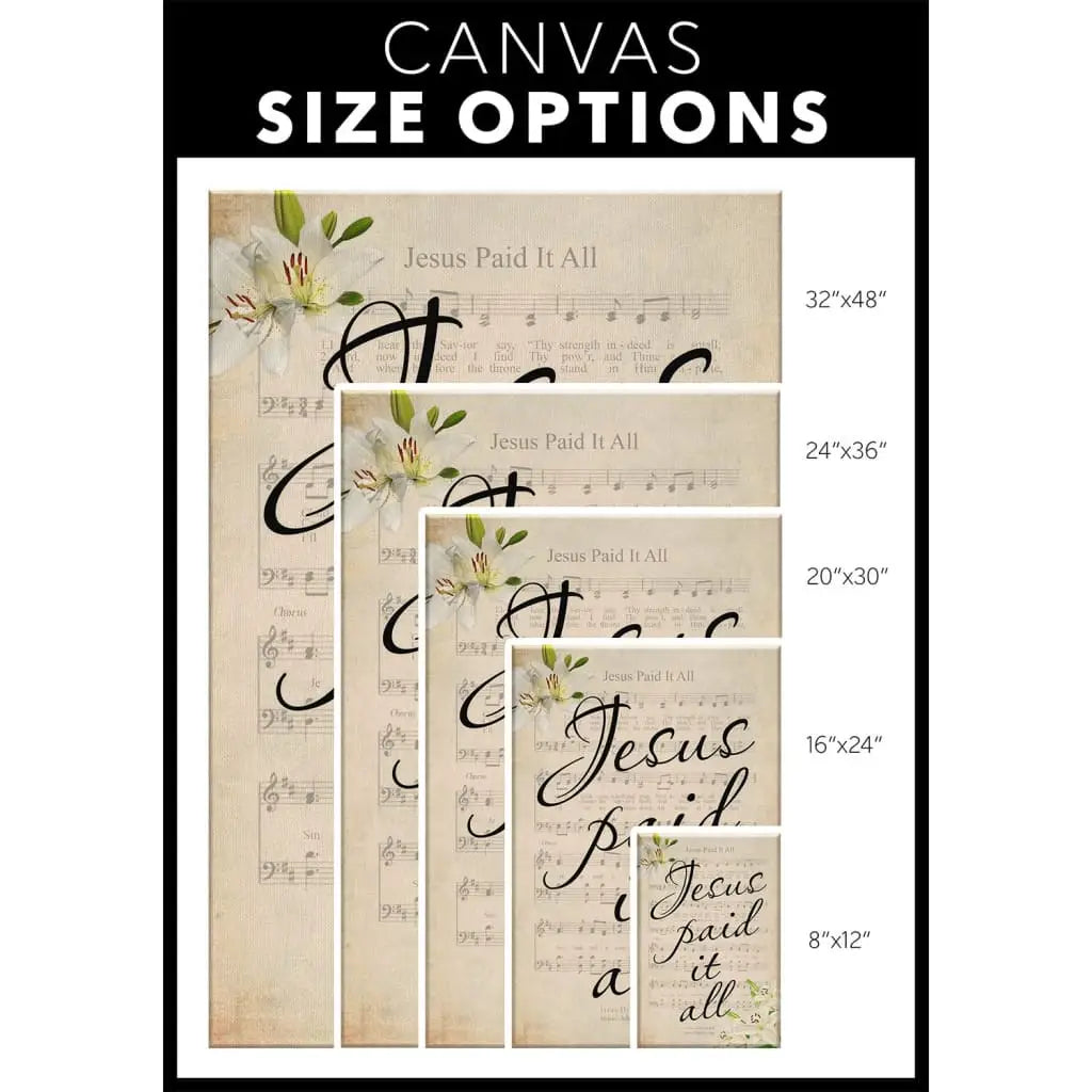 Easter Christian gift idea: "Jesus Paid It All" wall art with sheet music, ideal for home decor / size options.