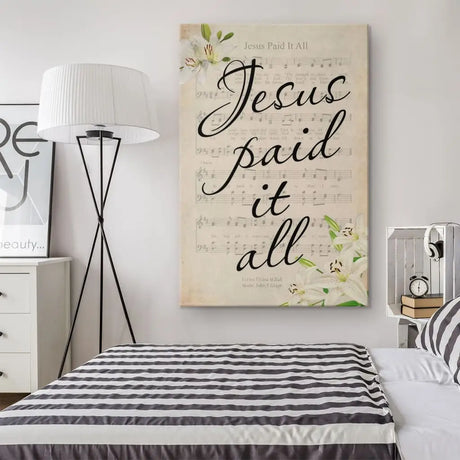 Faith-based wall art featuring "Jesus Paid It All" with sheet music, ideal for Easter Christian gifts.