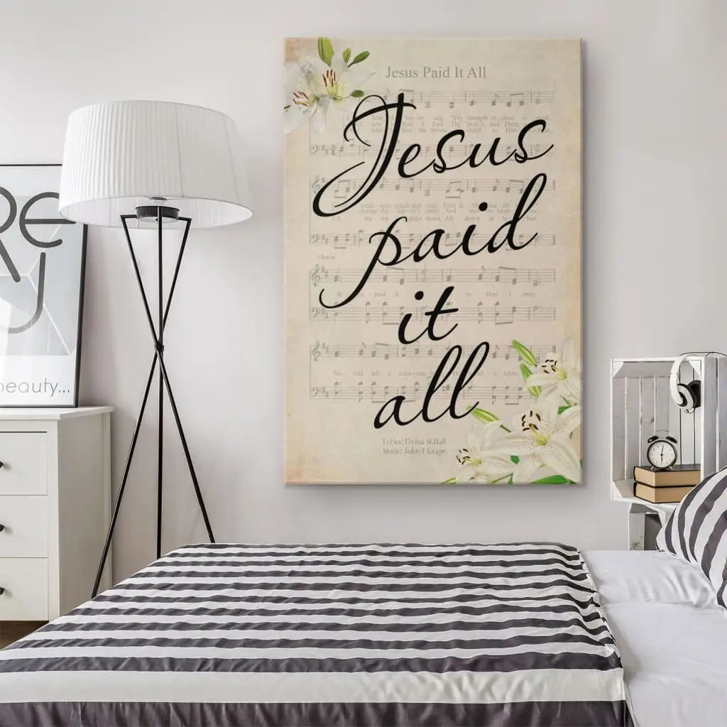 Faith-based wall art featuring "Jesus Paid It All" with sheet music, ideal for Easter Christian gifts.