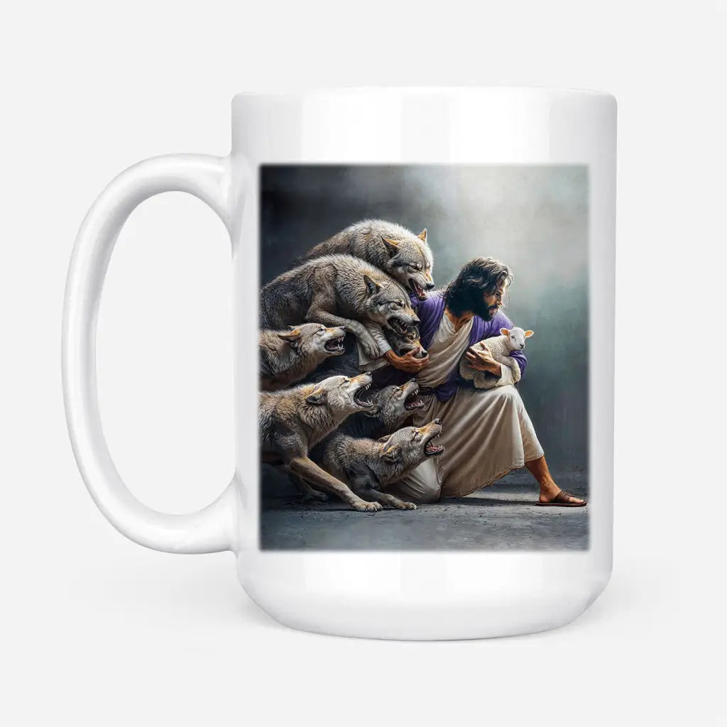 Inspirational Christian mug – White scripture coffee cup featuring Jesus, a lamb, and wolves, a powerful faith-based gift.