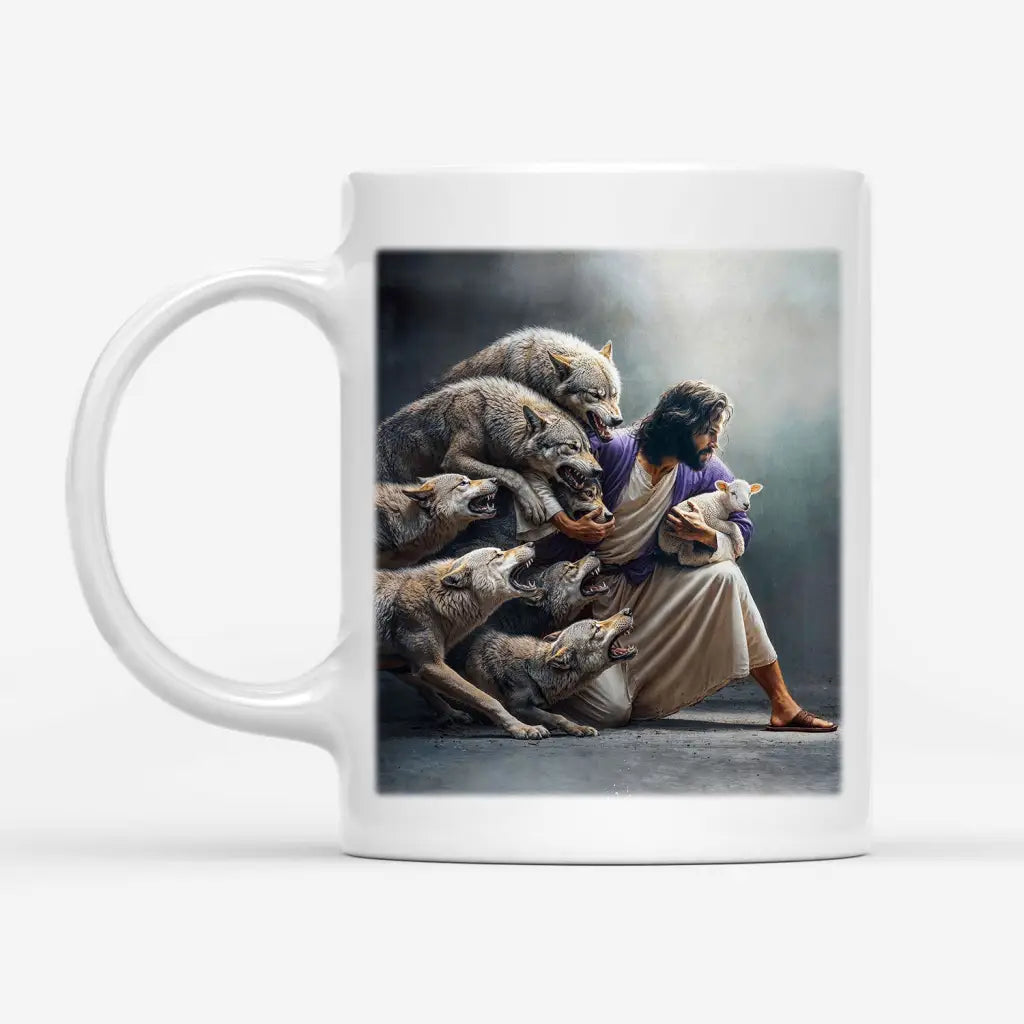 Bible verse mug – White Christian coffee cup with Jesus protecting the lamb, symbolizing faith and strength.