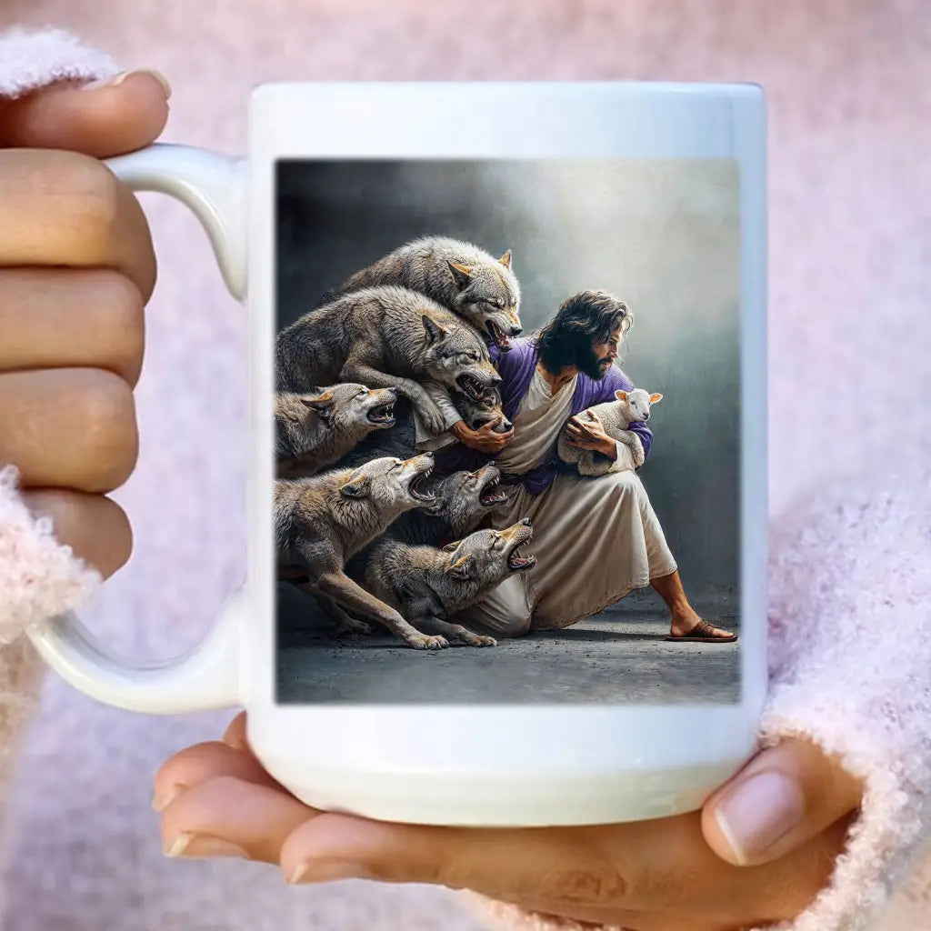 Faith-based gifts – Inspirational white coffee mug with Jesus shielding the lamb, a perfect Christian reminder.