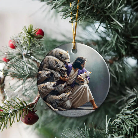Christian Christmas ornament showing Jesus shielding a lamb from wolves—powerful reminder of His care.