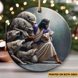 Inspiring ornament of Jesus guarding a lamb from danger, representing strength and compassion.