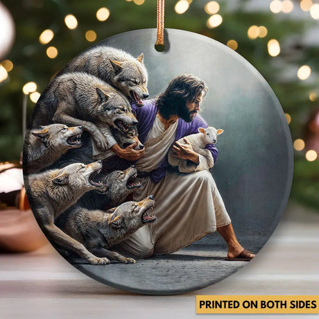 Inspiring ornament of Jesus guarding a lamb from danger, representing strength and compassion.