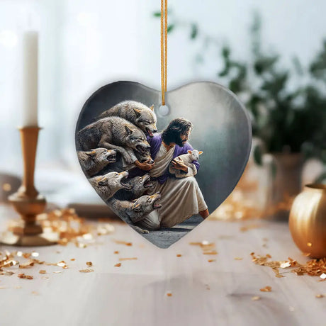 Jesus Protects the Lamb ornament, powerful Christian decor for home, office, or prayer corner.