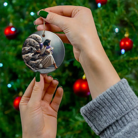 Religious ornament depicting Jesus as the protector of His flock, perfect for Christmas or daily reflection.