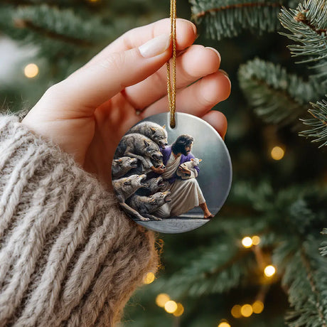 Jesus Protects the Lamb from Wolves ornament symbolizing divine protection, love, and faith.