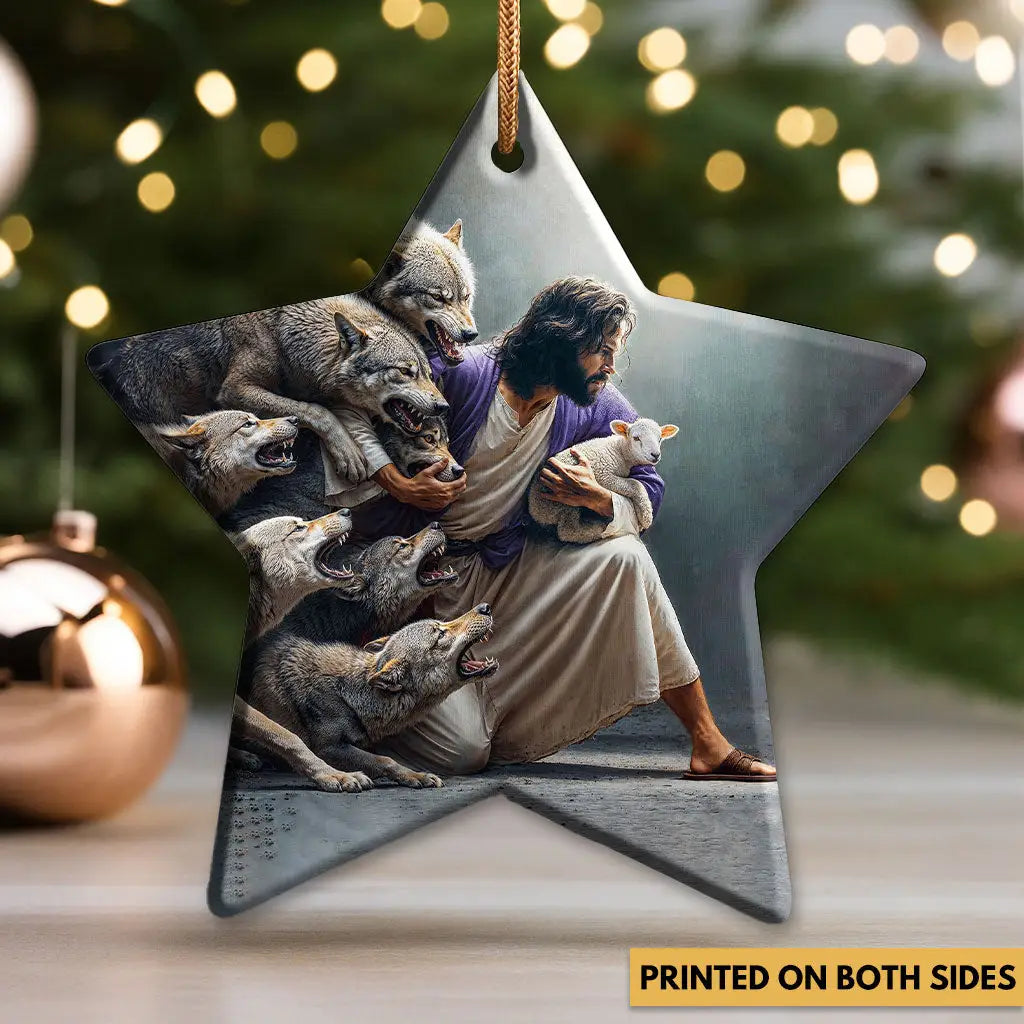 Decorative ornament capturing Jesus’ love and sacrifice, beautiful addition to any Christian home.