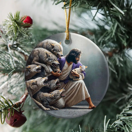 Jesus Protects The Lamb From Wolves Ornament Circle / 1-pack